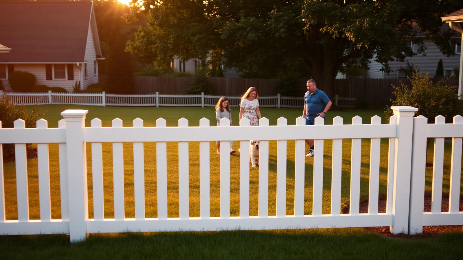 Family and dog enjoying a backyard behind a white vinyl privacy fence at golden hour